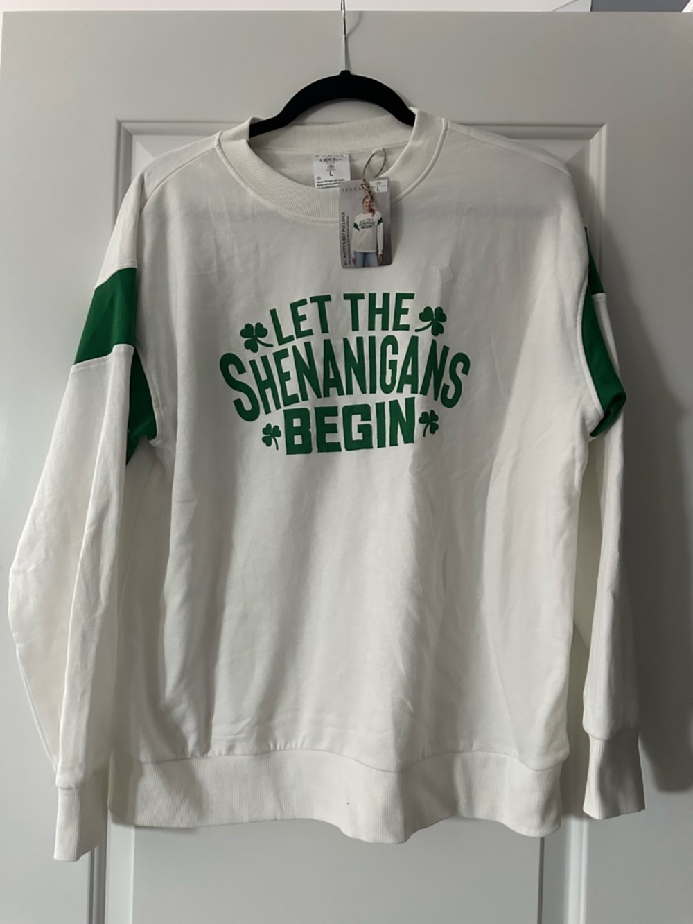 Serra Let The Shenanigans Begin White & Green Crewneck Sweatshirt